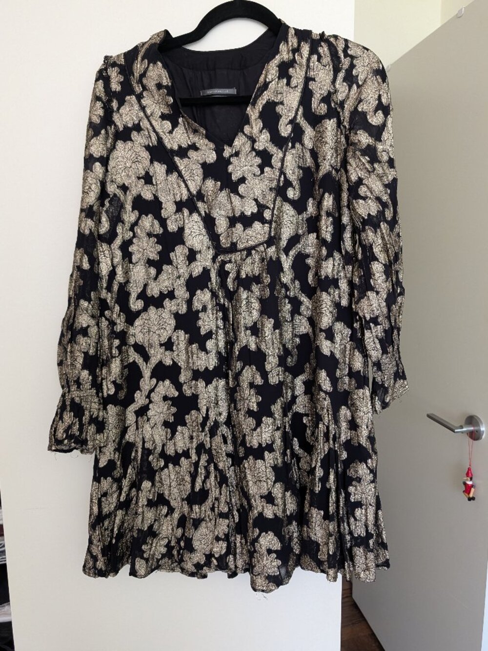 Anthropologie Black Gold Metallic Brocade Mini Dress Bishop Sleeve XS